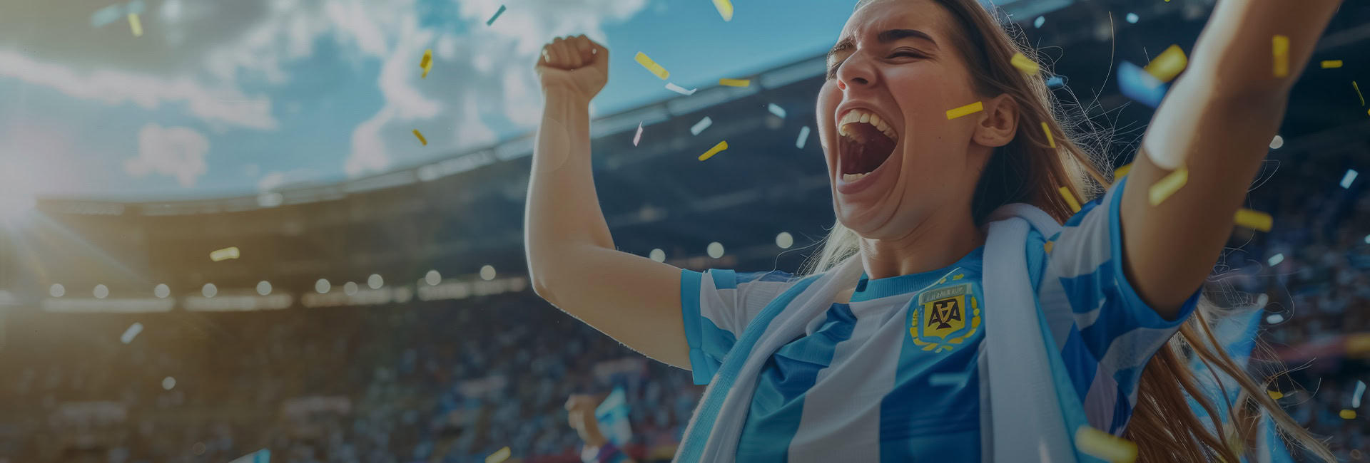 an Argentina fan lifting her arms and cheering during a soccer match