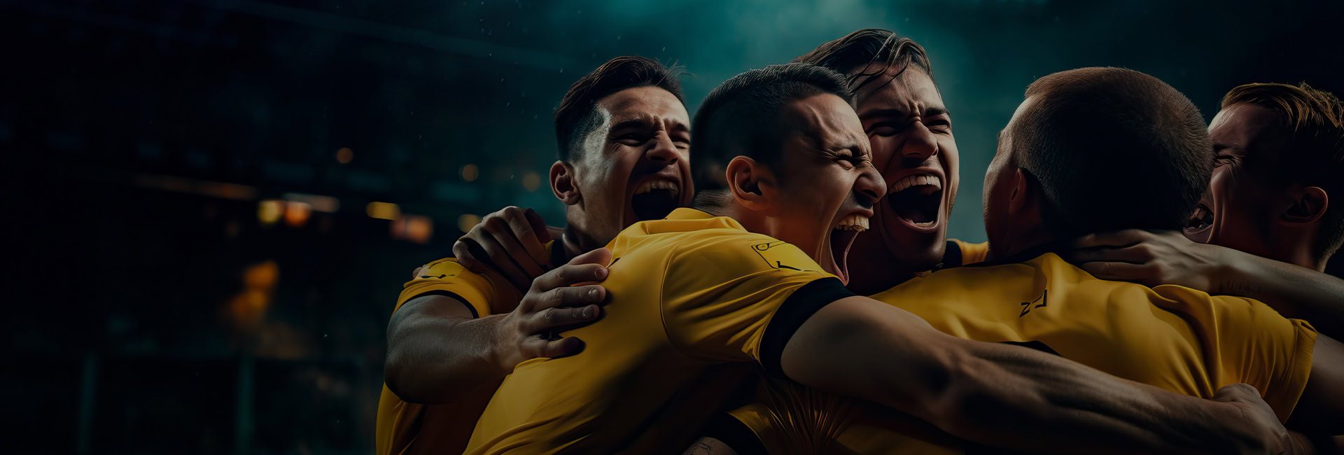 a group of teammates in yellow jerseys celebrating a goal during a soccer match